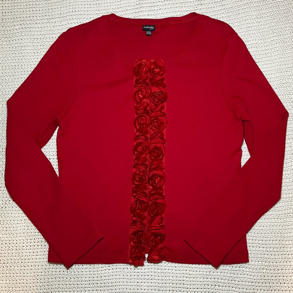 Rafaella Cardigan Sweater Red Rose Cotton Womens Petite Medium‎ Valentines Date